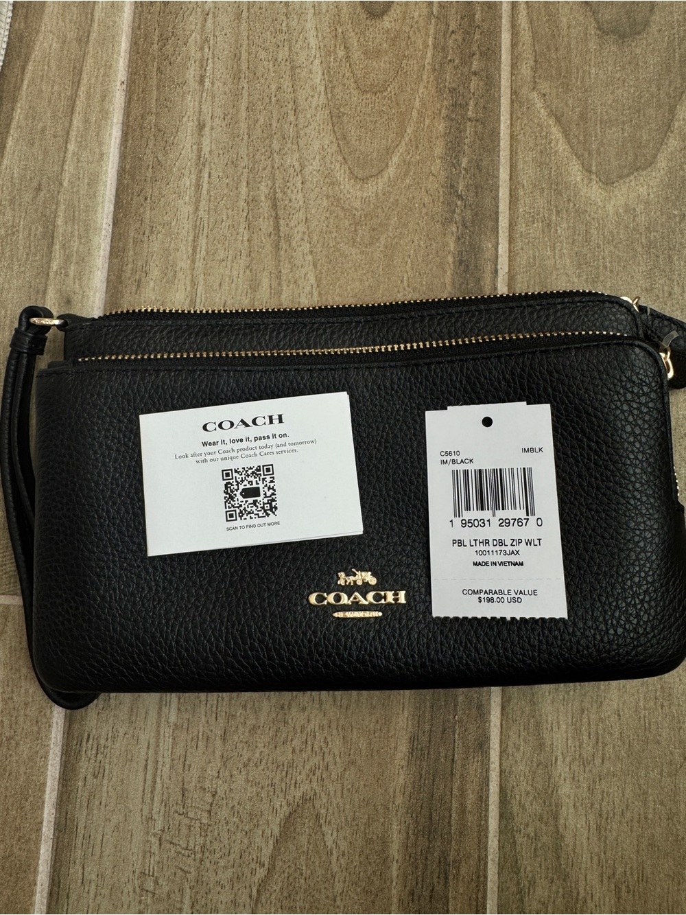 Coach Black Pebbled Leather Double-Zip Wristlet with Gold Logo